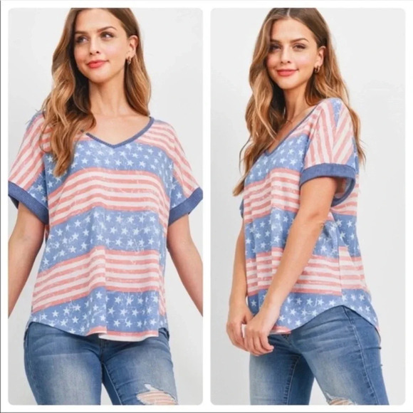 USA Flag Graphic Tee | Red White Blue V-Neck Patriotic 4th of July Top - Picture 1 of 8